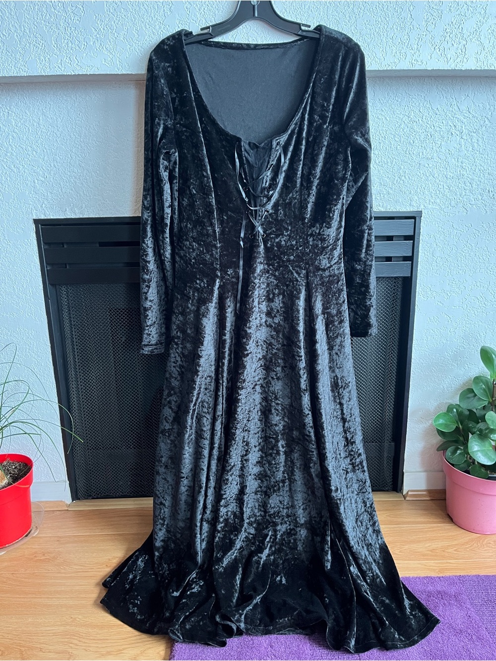Black Velvet Lace-Up Maxi Dress for Women